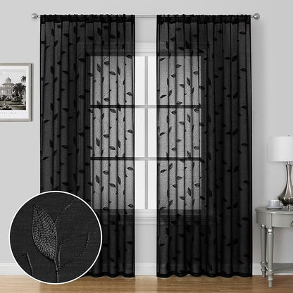 HOMEIDEAS Black Sheer Curtains 2 Panels, Embroidered Leaf Gothic, W52 x L96 | - Image 2