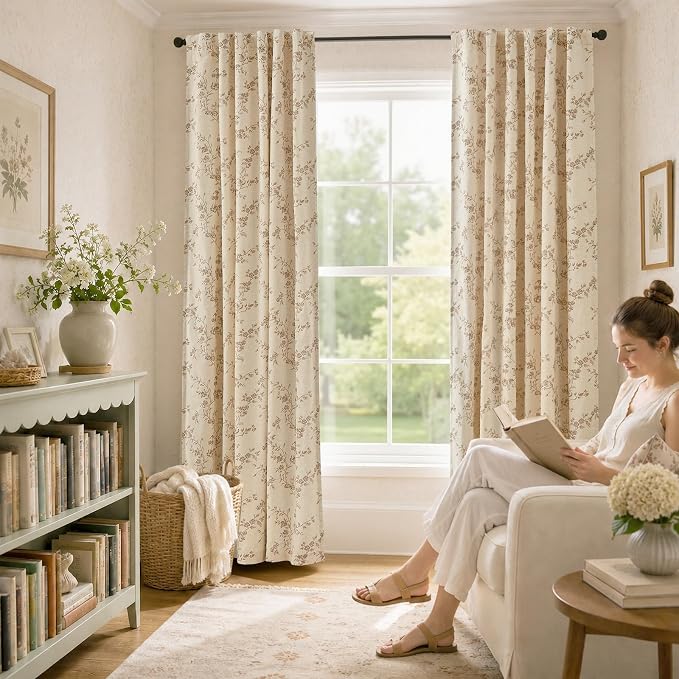 Blackout Vintage Floral Linen Curtains Taupe on Beige 50×90 2 Panels | Elisa - Image 7