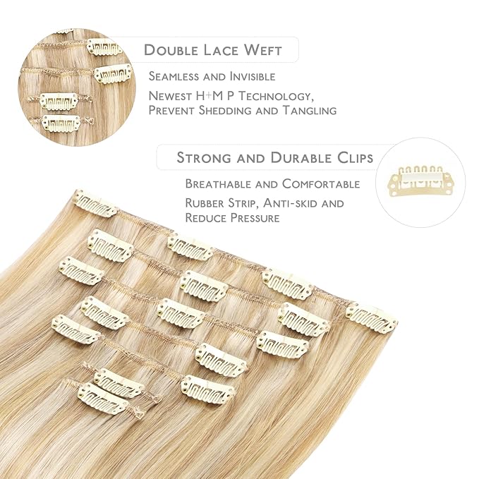 WENNALIFE Clip in Hair Extensions Human Hair 20 Inch 120g 7pcs Dirty Blonde Highlighted Bleach Blonde Hair Extensions Clip in for Women Real Human Hair Rallonge Cheveux Extensions