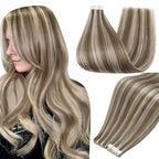 Full Shine Highlight Blonde Tape Extensions Color 8 Ash Brown And 60 Blonde Tape in Hair Extensions Human Hair 24Inch Invisible Seamless Skin Weft 50G 20Pcs Add Length