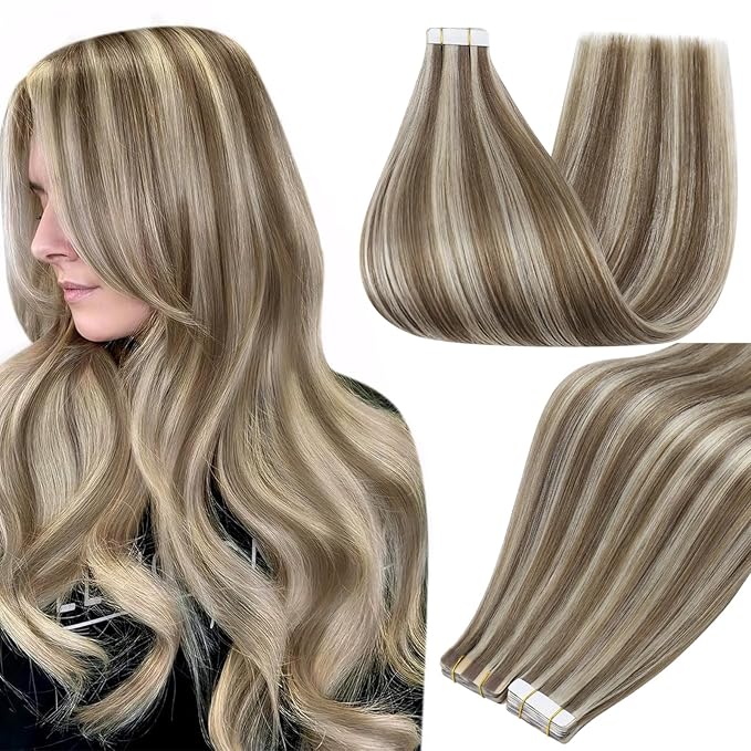 Full Shine Tape in Hair Extensions Glue on Remy Human Hair Extensions 16 Inch Seamless Tape in Extensions Color 8 Ash Brown Highlighted 60 White Blonde Fashion Invisible Real Human Hair 50Grams 20Pcs