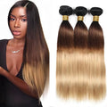 Ombre Bundles Human Hair Brown Straight Bundle Brazilian Virgin Remy Hair 3 Bundles 10 12 14 Inch Niegmeag Double Weft 3 Tone Brown and Honey Blonde Straight Bundle Hair Weave 300g