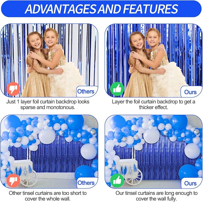 Crosize 4 Pack Dark Blue Party Streamers Backdrop, 3.3 x 9.9 ft | Tinsel Foil - Image 3
