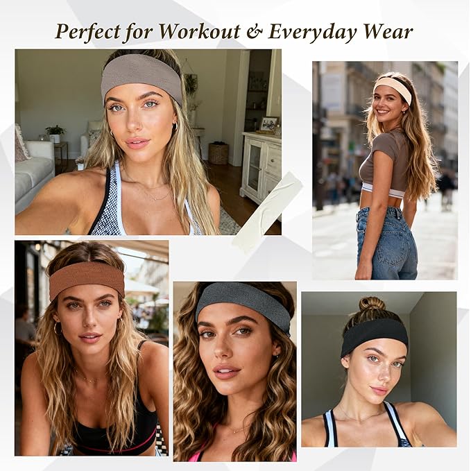 Headbands for Women Non-Slip Elastic Hair Bands, 6 Pack Stretchy Soft Cloth Sweat Band, Fabric Workout Headband, Fashion Head Bands for Yoga Running Sports