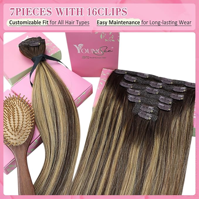 YoungSee Clip in Hair Extensions Balayage Brown Hair Extensions Clip ins Invisible Clip Hair Extension Real Human Hair Balayage Chocolate Brown Mix Caramel Blonde Clip in Extension Straight 14In 120G