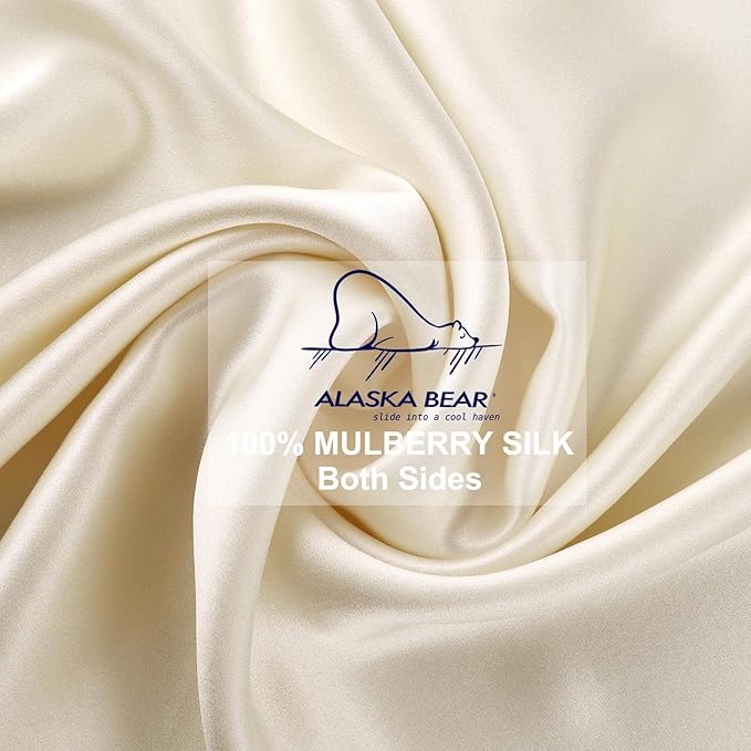 ALASKA BEAR Silk Pillowcase King Size for Hair and Skin Beauty Sleep 100% Organic Pillow Slip Case with Random Color Silk Scrunchie Gift Set (1pc, Cream)