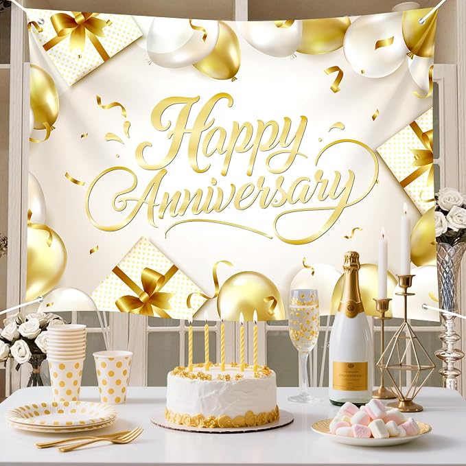 Happy Anniversary Backdrop Banner White Gold Elegant Photography Background - Image 2