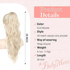 Flufymooz Ponytail Extension, Flexible Wrap Around Ponytail Extension Long Wavy Curly Ponytail Hair Extensions Natural pony tail Synthetic Hairpiece for Women 26 Inch (Cool Blonde)