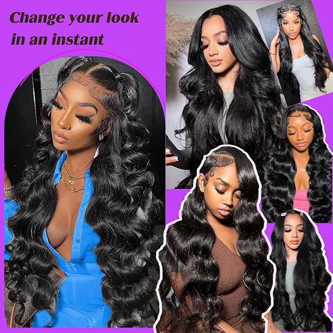 30 Inch 13x6 Body Wave Lace Front Wigs Human Hair 200 Density HD Lace Front Wigs Pre Plucked Brazilian Virgin Human Hair Wigs for Women Glueless Full Lace Frontal Wig Natural Black Body Wave Wig