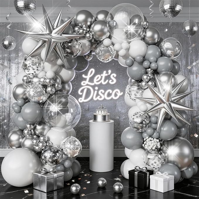White Silver Balloons Garland Arch Kit, Confetti Silver Explosion Star 4D Foil by Togvu