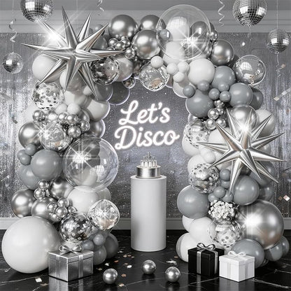 White Silver Balloons Garland Arch Kit, Confetti Silver Explosion Star 4D Foil by Togvu