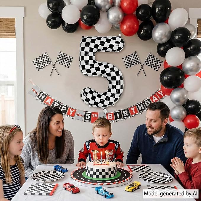 40 Inch Checkered Number 5 Balloon, Large Foil Black and White Number Balloon - Image 3