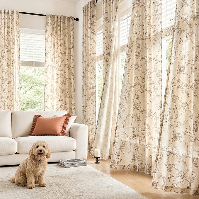 Taupe Floral Linen Curtains Farmhouse Rod Pocket 50W X 84L 2 Panels | Charlotte - Image 3