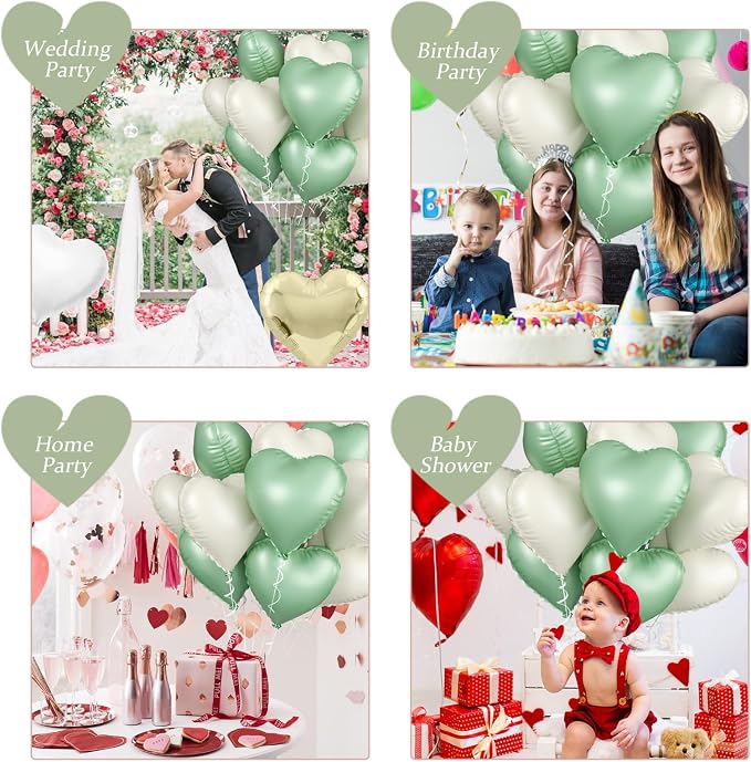 Sage Green White Heart Balloons, 18inch Olive Green Cream White Heart Shape - Image 8