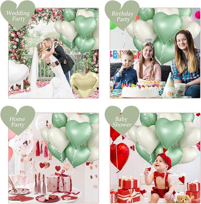 Sage Green White Heart Balloons, 18inch Olive Green Cream White Heart Shape - Image 8