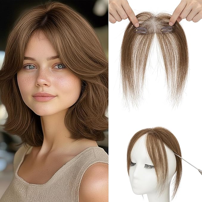 Benehair Clip on Bangs Human Hair, Front Hair Extensions for Women Hair Pieces with Temples for Daily Wear (Medium Brown)