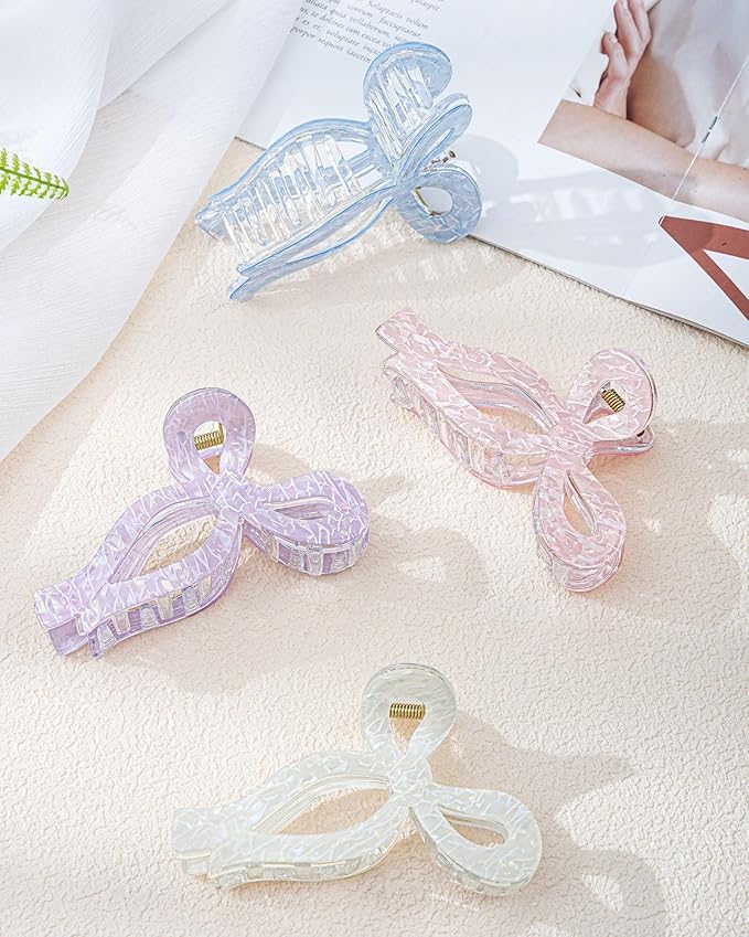 Mesovor 4 Pack Elegant Bow Hair Claw Clips, Nonslip 4.3" Large Hair Grip Hairclips for Thin and Thick | Acrylic Hair Strong Hold Hair Jaw Clamps (Mermaid Crack Colorful)