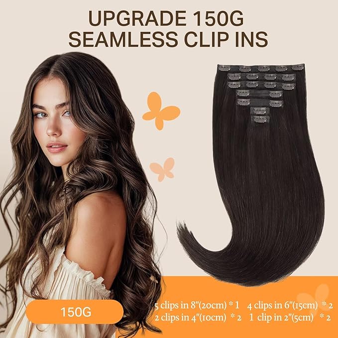 DOORES Seamless Invisible Edge Clip in Hair Extensions, Dark Brown 150g 7pcs 22 Inch, Clip in Human Hair Extensions Virgin Remy for Women