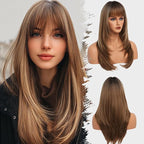 Ombre Light Brown Wig With Bangs Long Wavy Straight Wig with Layered Hair Synthetic Heat Resistant Wigs for Women Daily Party Use 26 Inches