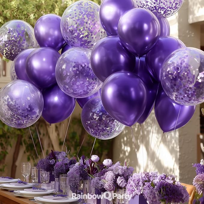RainbowQ Metallic Purple Balloons 55Pcs 12 Inch Confetti Helium | Chrome Purple - Image 2