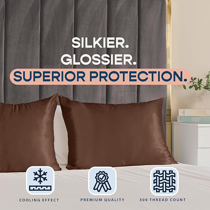 BLISSFORD Brown Satin Pillowcase with Zipper, for Hair and Skin Care, Feels Soft and Cool Like a Silk Pillowcase, Satin Pillow Cases 2 Pack, Slik Pillow Cover, Queen Size, Set of 2