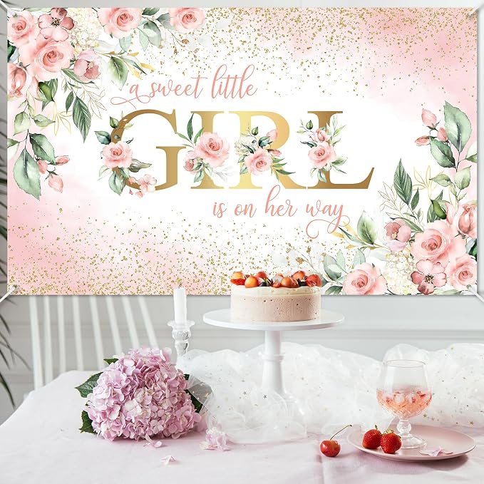Avezano Girl Baby Shower Backdrop Pink Floral Sweet Baby Baby Shower Banner A - Image 2