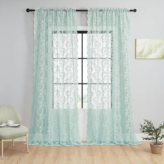 FOLKSIDE Pastel Turquoise Lace Curtains 63 Inch Length Western Paisley Aqua - Image 2