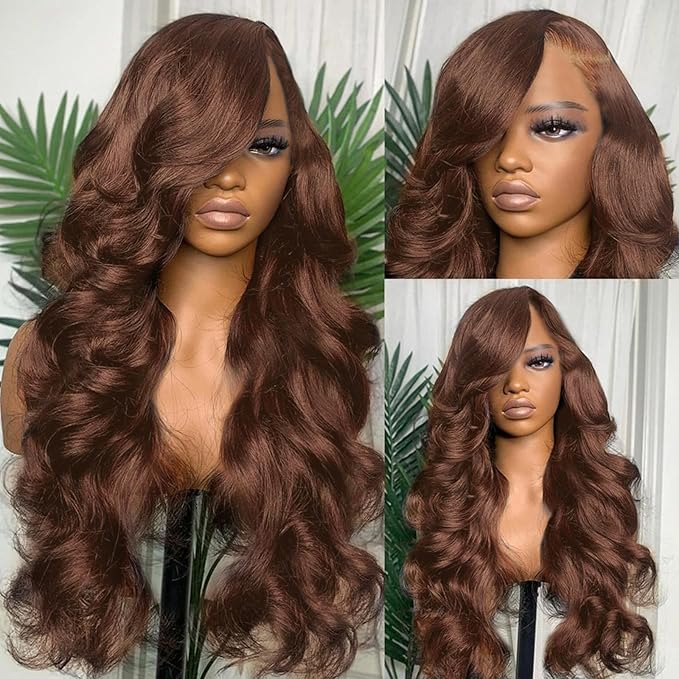 32 Inch Chocolate Brown Body Wave Lace Front Wigs Human Hair 200 Density 13x6 HD Lace Frontal Wigs Human Hair Brown Glueless Wig For Women Pre Plucked with Natural Hairline