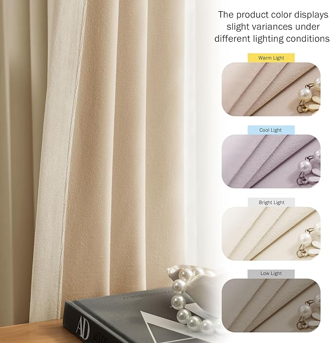 Beauoop Beige Velvet Curtains for Bedroom Living Room 52x108 2 Panels | Soft - Image 5