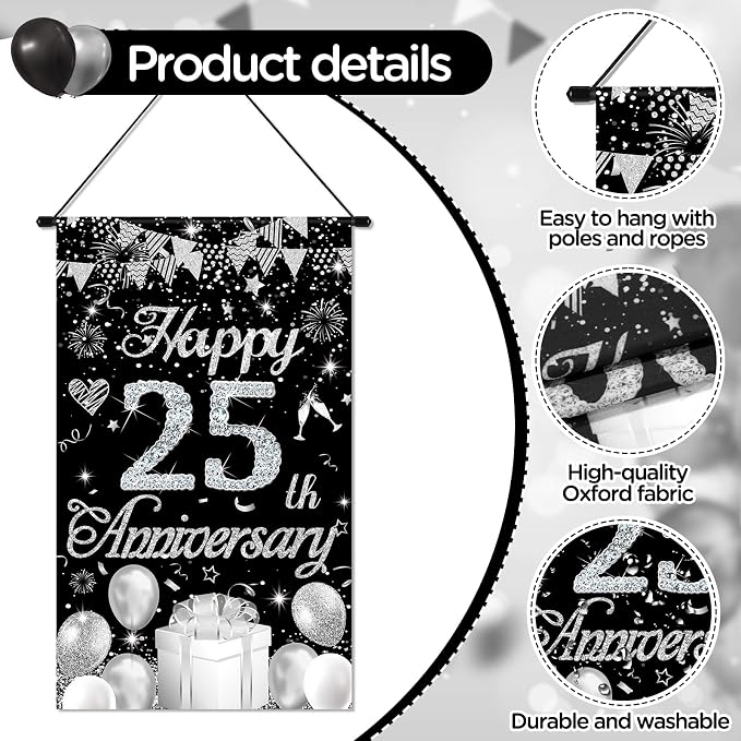 Happy Anniversary Decorations Small Banner Black Silver Happy 25th Anniversary - Image 7