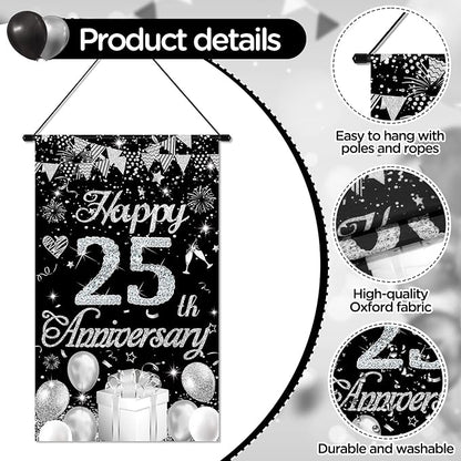 Happy Anniversary Decorations Small Banner Black Silver Happy 25th Anniversary - Image 7