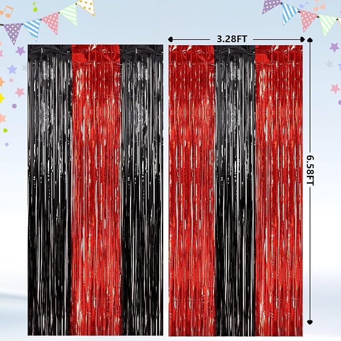 2 Pack Black and Red Foil Fringe Curtains Party Decorations, Tinsel Curtain - Image 3