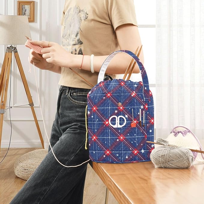 Blue Retro Plaid Stars Yarn Bag Small Crochet Bag Drawstring Yarn Storage - Image 6