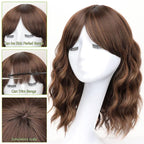 AISI HAIR Brown Mix Copper Synthetic Wavy Curly Bob Wig with Bangs Short Wavy Hair for Women Synthetic Heat Resistant Bob Wigs