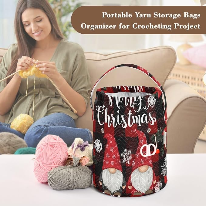 Red and Black Checkered Christmas Gnomes Yarn Bag Small Crochet Bag Drawstring - Image 4