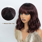 NOBLE Red Wig with Bangs for Women Short Colorful Wavy Bob Wig with Bangs Shoulder Length Ombre Wine Red Curly Wigs with Bangs Heat Resistant Synthetic Burgundy Colored Wigs for White Women