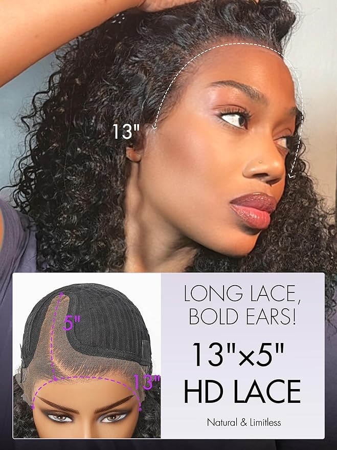 LUVME HAIR 100% Real Human Hair Wig Lace Frontal Deep Curly 20 inches Drawstring Cap Glueless HD Lace Wigs Human Hair Pre Plucked Pre Cut, Curly Wig Human Hair Ready to Go Wig