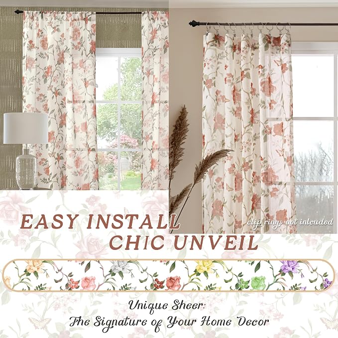 Sheer Curtains 45 Inch Length 2 Panels Set, Floral Patterned Linen Look - Image 7