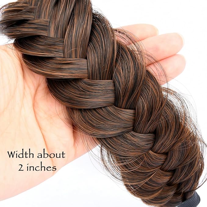 DIGUAN Wide Messy Braided Headband With Teeth Synthetic Hair Plaited Headband High Elasticity Braids Chunky Fishtail Braided Hair Band Hairpiece for Girls Women Beauty Accessory (Auburn)