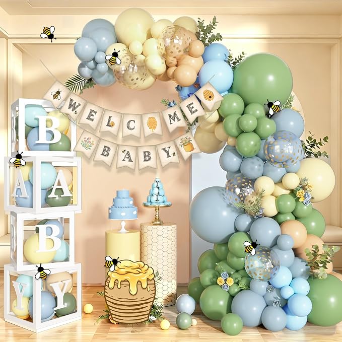 153 Pcs Blue Yellow Balloon Banner Bear Baby Shower Decorations Neutral | Dusty by Amandir