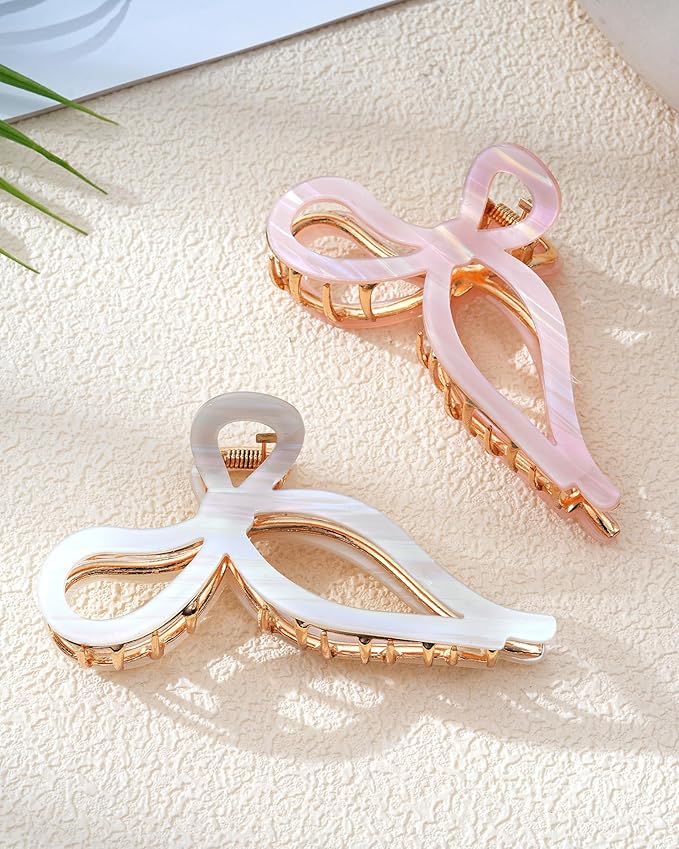 Mesovor 2 Pack Gold Metal Bow Hair Claw Clips, Nonslip 4.3" Large Hair Grip Hairclips for Thin and Thick | Acrylic Metal Strong Hold Claw Clip (Mermaid Stripes)