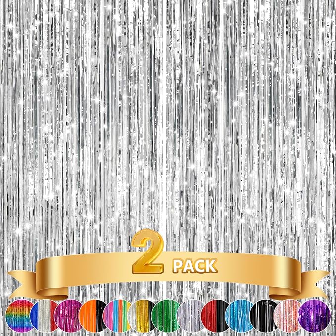 2Pack Silver Metallic Tinsel Foil Fringe Curtains, Door Streamer Photo Booth by GCBPartyDecorations