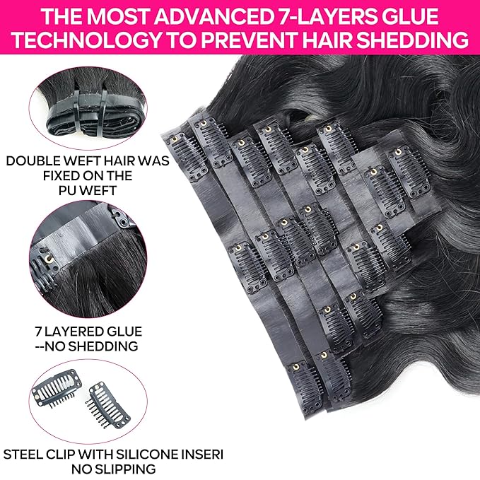 Seamless Clip in Hair Extensions Human Hair Body Wave Human Hair Clip in Extensions 8Pcs PU Clip ins Remy Hair for Women Invisible Skin Weft 18Clips 120g 18inch Natural Black