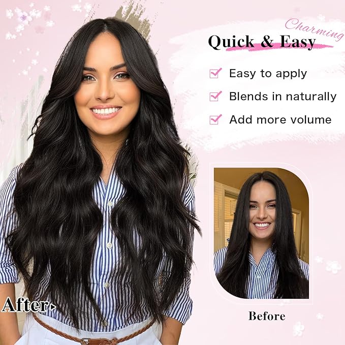 Hair Extensions for Women, 8PCS 16 Inch Dark Brown Clip in Hair Extensions, Synthetic Long Wavy Hairpieces for Women Full Head Thick