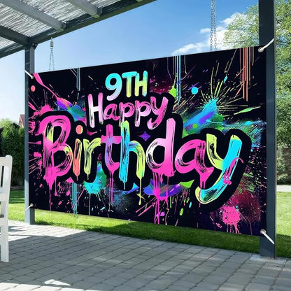 HOMETITUTE Neon 9th Birthday Banner Backdrop Decorations 71x43 Inch | Graffiti - Image 2