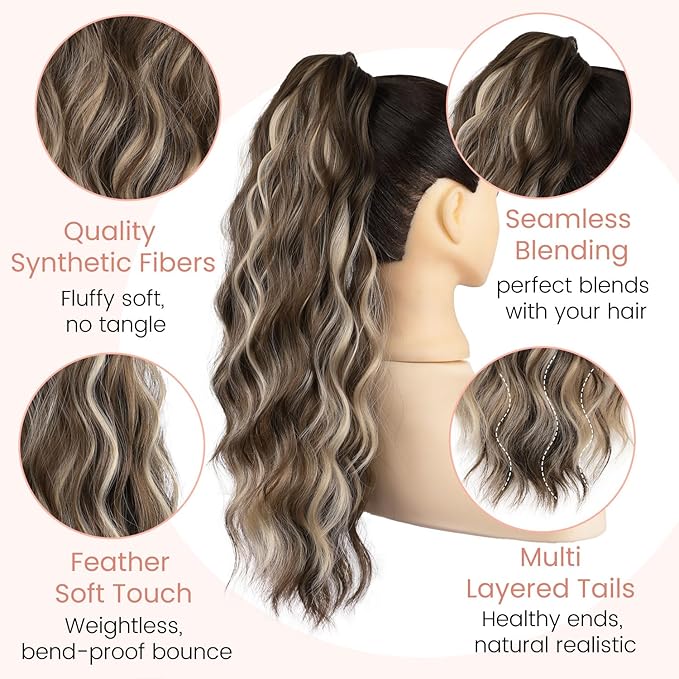 Claw Clip Ponytail Extension 18 Inch Curly Wavy Ponytail Extension Jaw Clip on Pony Tails Hairpiece for Women Fluffy Natural Synthetic for Daily Use (Chocolate Brown with Blonde Highlights)