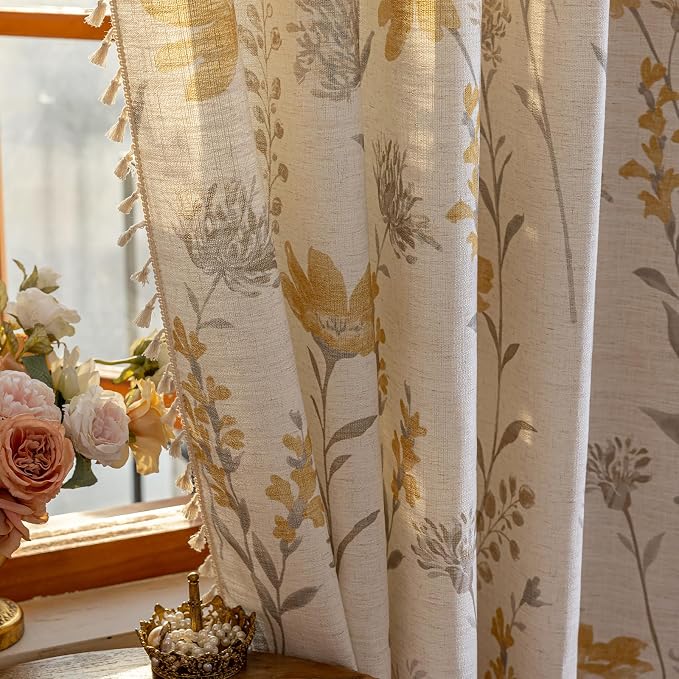 ENJOYBRIDAL Yellow Floral 96 Inch Curtains 2 Panel Set Living Room Long Drapes - Image 6