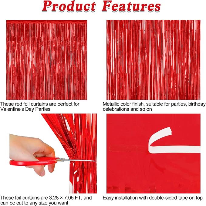 ZATAYE 8 Pack Red Valentines Christmas Foil Curtain Streamer Decorations | Red - Image 4