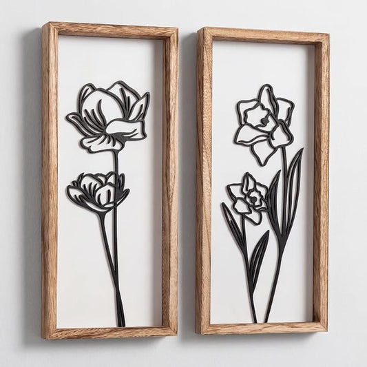 3D Black and White Wall Art Lightweight, Wooden Ready-to-Hang Framed Floral by TideandTales