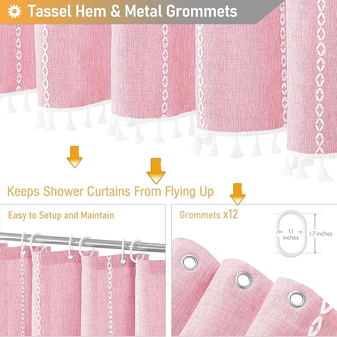 72x78 Long Boho Farmhouse Linen Heavy Duty Shower Curtain, Blush Pink | Tall - Image 5